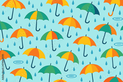 Colorful umbrellas and rain droplets create a lively pattern on a blue background