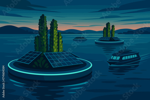 Floating solar islands at dusk with boats navigating through tranquil waters