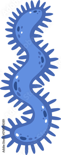 Blue cartoon bacterium spirillum representing germ and virus concept