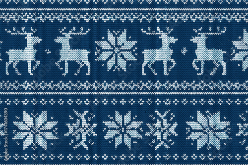 Winter knitting pattern featuring reindeer and snowflakes in cool blue and white tones perfect for festive decor