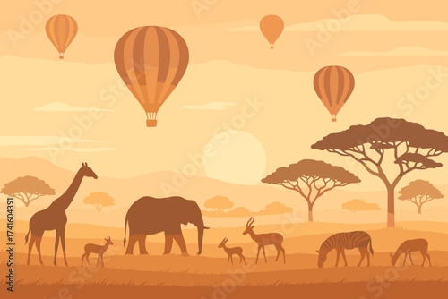 Elephants, giraffes, and hot air balloons at sunrise over a savanna landscape