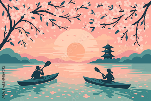 Serene sunset kayaking experience among cherry blossoms near a traditional pagoda