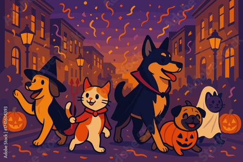 Cute animals in Halloween costumes walking through a festive street at night
