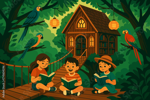 Children reading books in a treehouse surrounded by colorful parrots in a lush forest setting during the day