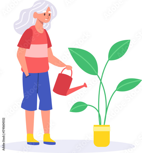 Elderly woman watering green houseplant illustration