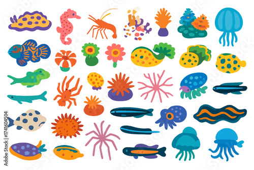 Colorful marine creatures and plants create a vibrant underwater scene with various species and shapes