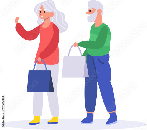 Elderly couple shopping and walking enjoying leisure time