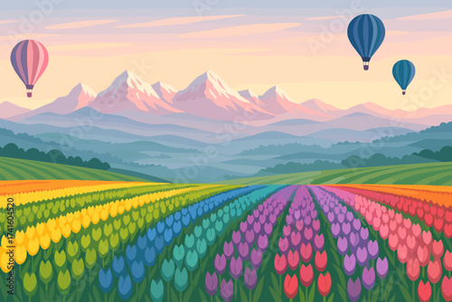 Colorful tulip fields and hot air balloons floating over mountains in a serene landscape at sunrise