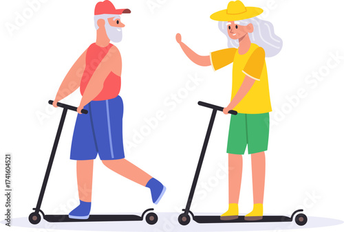 Senior couple enjoying active leisure riding scooters