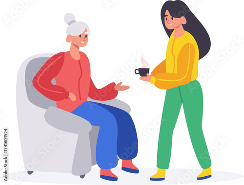 Young woman offering hot drink to elderly woman