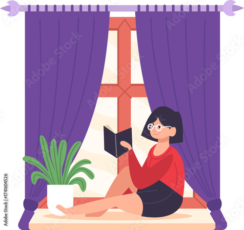 Woman reading book at home window relaxing