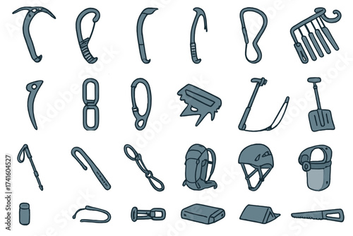 Essential climbing gear collection displayed with various tools and equipment for outdoor adventures and safety