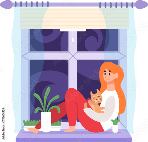 Woman relaxing with cat on window sill at night