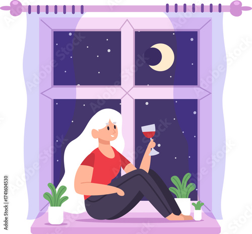 Woman relaxing on window sill drinking wine at night