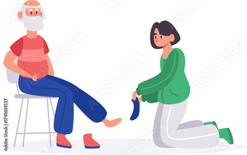Woman helping old man putting on socks