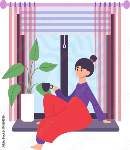 Woman relaxing with coffee sitting on window sill