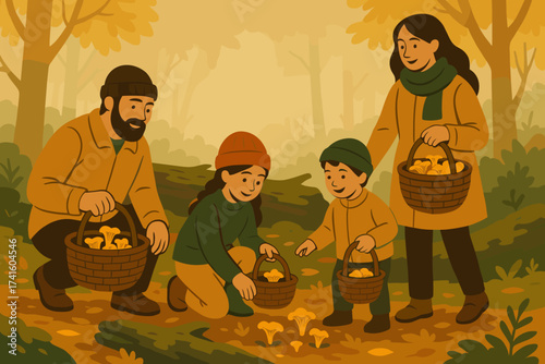 Family enjoys foraging mushrooms in a colorful autumn forest during a sunny afternoon, creating special memories together