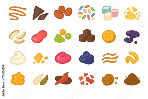 Colorful assortment of various snacks and candies displayed on a clean white background