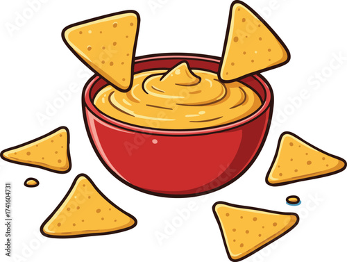 Bowl of nacho cheese dip with tortilla chips snack food illustration vector 