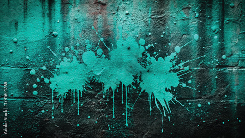 Turquoise Spray Paint Splatter Drips on Dark Grunge Wall Texture Background