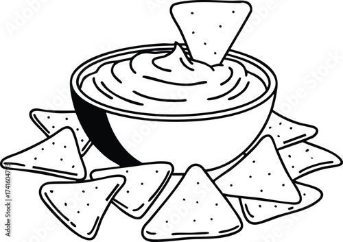 Bowl of creamy dip with tortilla chips snack food illustration in black and white line art style 