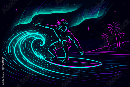 Surfer riding a vibrant wave under the aurora in a tropical setting at night