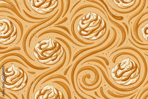 Whipped cream swirls with caramel accents create a delightful dessert pattern on a warm background