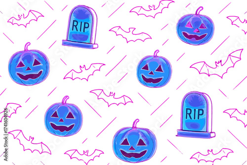 Colorful Halloween pattern with pumpkins, tombstones, and bats in bright hues
