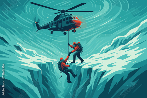 Mountain rescue operation involves climbers being airlifted from a snowy crevasse by a helicopter at dusk