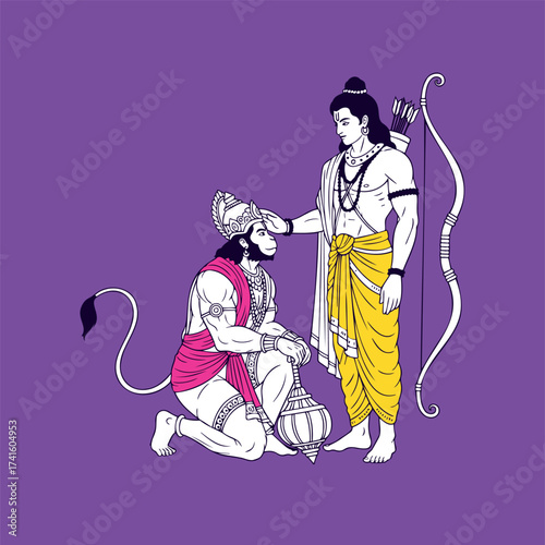 Lord Rama blessing his loyal devotee, Lord Hanuman, in a vector illustration. A powerful symbol of devotion, service, and divine affection on a purple background.