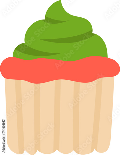 Cupcake with green frosting and red topping on white
