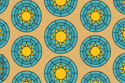 Colorful geometric design featuring suns and circular patterns on a warm background
