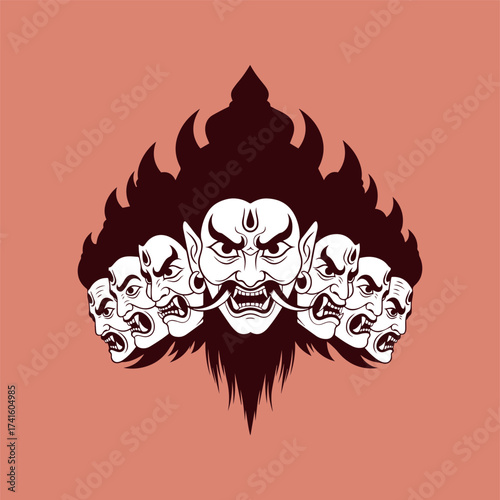 Vector illustration of Ravana, the ten-headed demon king from the Ramayana, depicted with fierce expressions and a dramatic fiery background element.