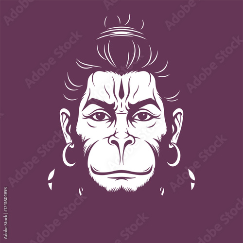 Majestic white vector portrait of Lord Hanuman, the Hindu Monkey God, symbolizing strength, devotion, and courage on a deep purple background.