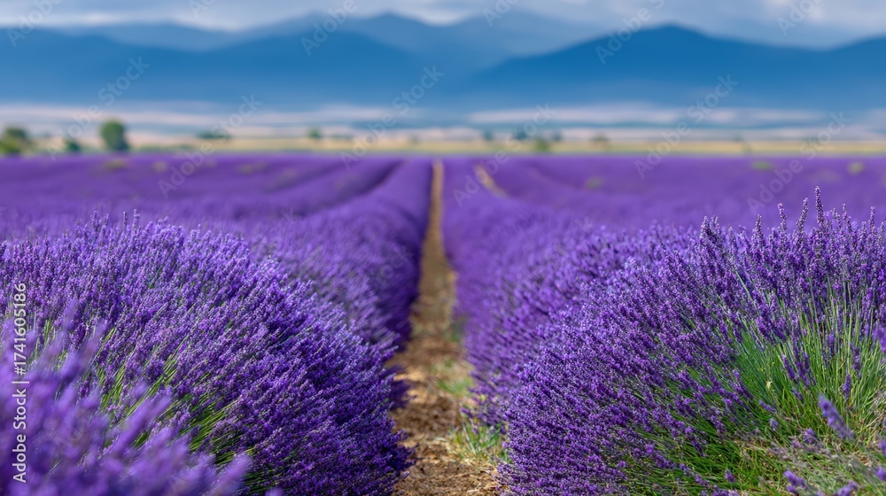 Obraz premium Vibrant lavender fields with mountains in background under clear sky