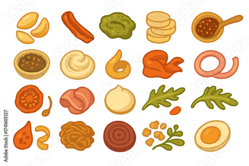 Colorful array of delicious food ingredients arranged neatly on a bright background showcasing diverse culinary options