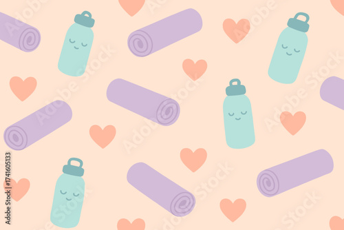 Fun and colorful pattern featuring yoga mats and water bottles on a soft peach background