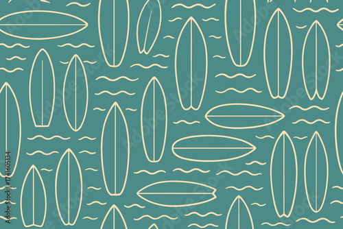 Pattern featuring surfboards and waves in soothing colors for beach-themed decor or textile design