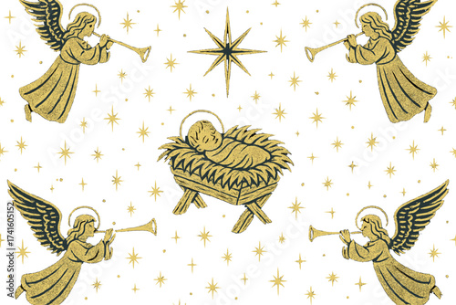 Angels herald the birth in a nativity scene with gold accents among stars and a star overhead