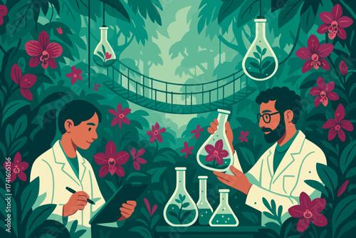 Scientists conducting plant research in a tropical greenhouse surrounded by vibrant flora