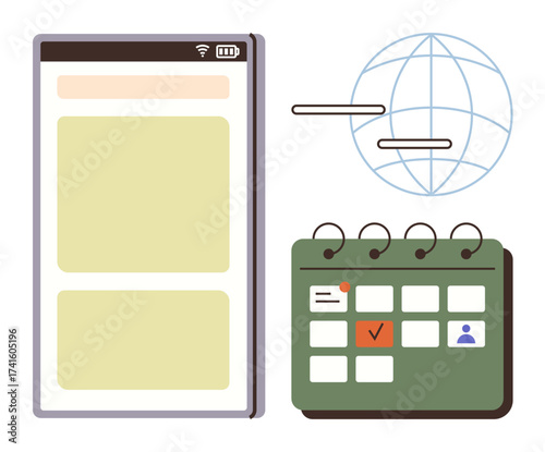 Mobile screen beside calendar with marked events and globe outline for connectivity. Ideal for time management, scheduling, digital planning, online communication, technology, organization, global