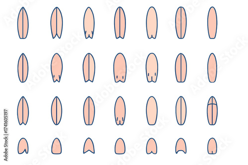 Various surfboard shapes displayed in a grid format showcasing unique designs