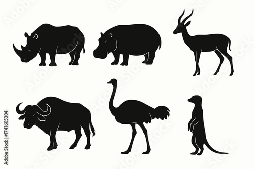 Elegant Silhouettes of African Wildlife in Flat Minimalist Style