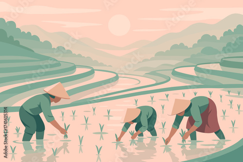 Farmers plant rice in lush green terraced fields during sunset in a tranquil rural landscape