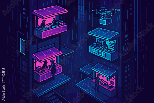 Night market scene featuring vendors and drone delivery in a neon-lit urban setting