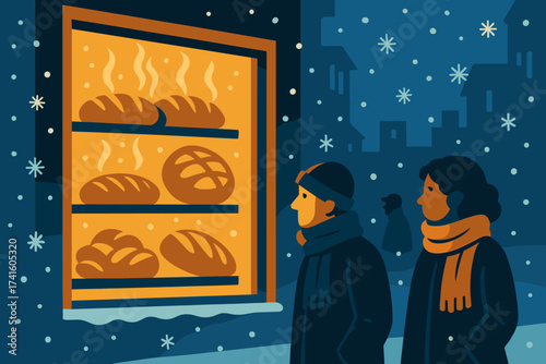 Winter evening scene of two people admiring fresh bread in a bakery window during snowfall