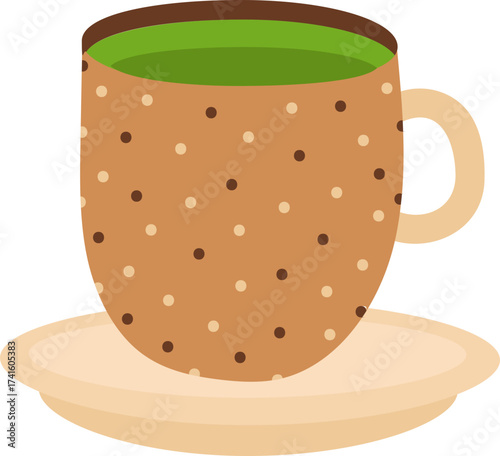 Polka dot cup filled with green tea beverage illustration