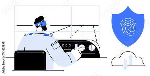 Pilot wearing uniform adjusts aircraft controls. Nearby shield with fingerprint and cloud icon emphasize digital security, data protection, aviation technology, and innovation. Ideal for aerospace