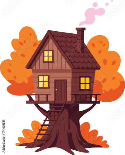 Treehouse with autumn orange leaves and smoke coming from chimney cozy wooden cabin illustration 