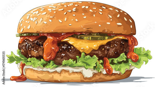 Delicious Burger with Spicy Sauce Vector Illustration for Food Concept